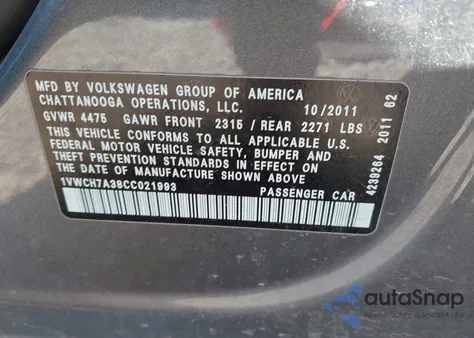 2012 Volkswagen Passat 2.5L Sel from USA, damaged, VIN 1VWCH7A38CC021993